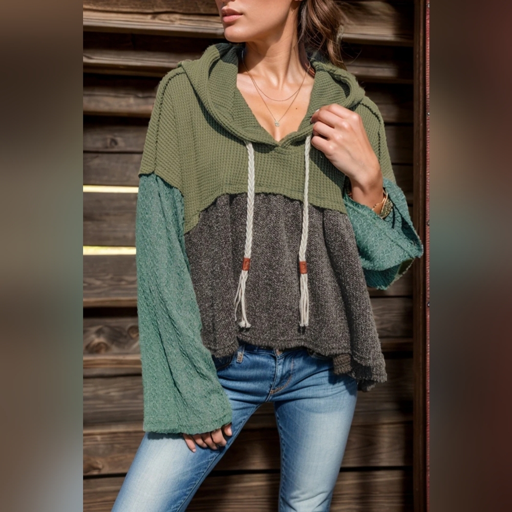 POL Waffle-Knit High-Low Color Block Hooded Long Sleeve Top Medium